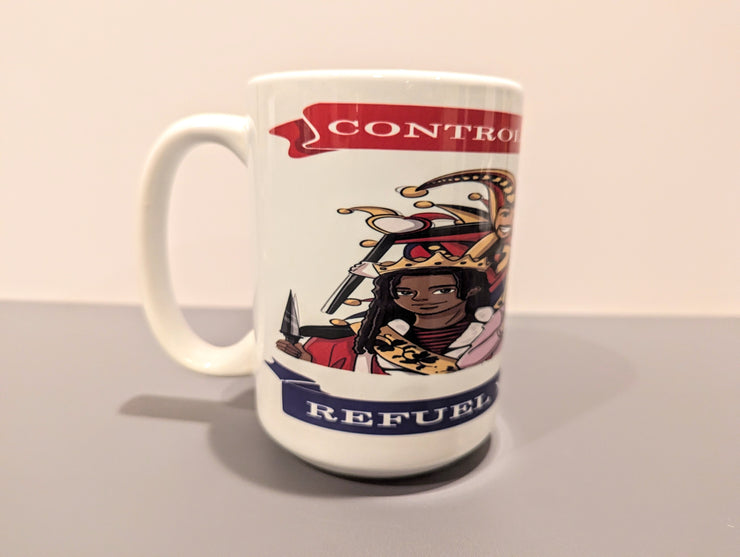 Taza blanca brillante con el texto "Día del juego"